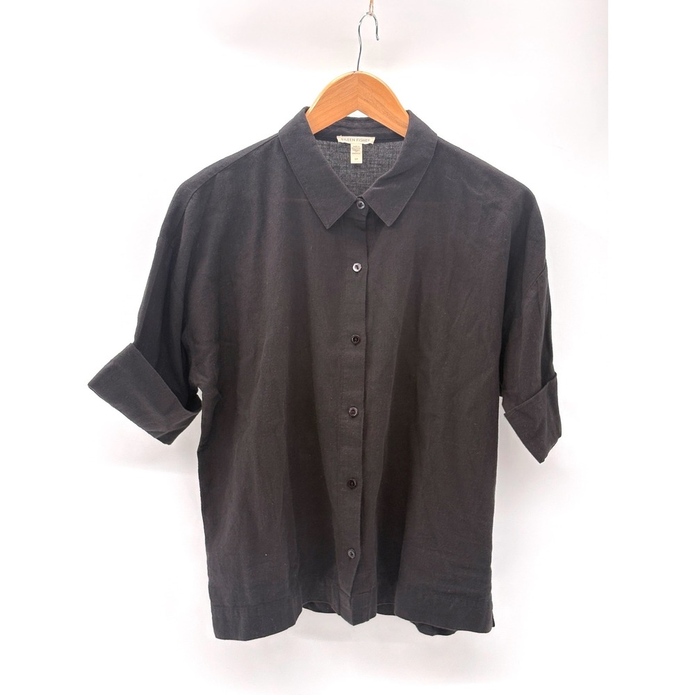 Eileen Fisher Button Down Top Cotton Linen Boxy Hankerchief Small Lagenlook